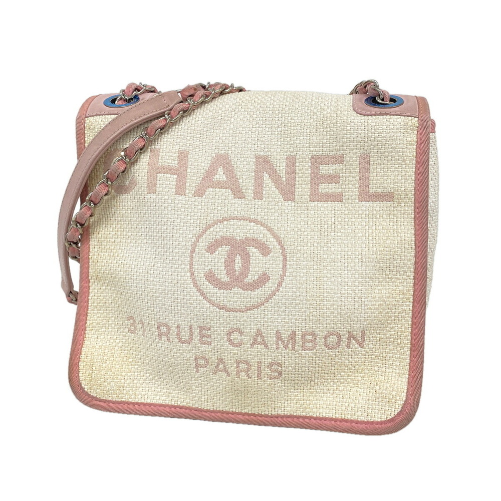 Chanel Deauville Shoulder Bag, Double Chain, Straw, White/Pink, Women's